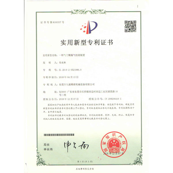 Patent certificate 1